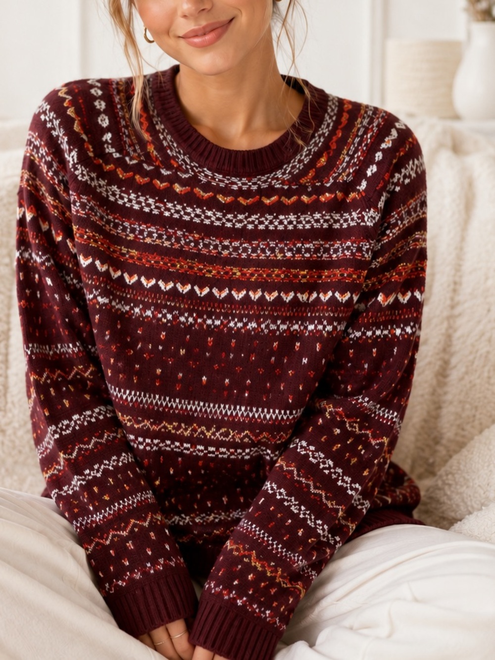 BASS Fair Isle Sweater Medium Burgundy Cozy Nordic Knit Pullover